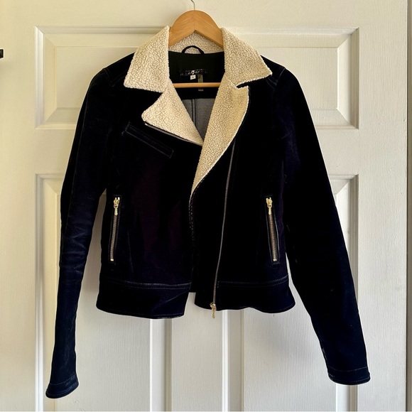 7 For All Mankind Moto Jacket Blue Velvet Sherpa Collar Size Small Gold Hardware - Picture 1 of 7